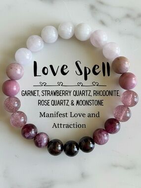Romantic Love Strawberry Quartz and Moonstone Beaded Colour Block Bracelet. New.
